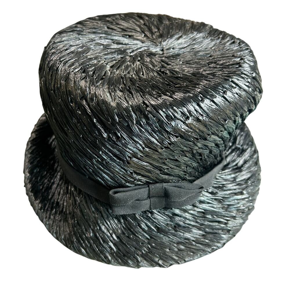 Vintage- Pillbox Black Woven Hat- Two bows- Michelle- Some wear Chic